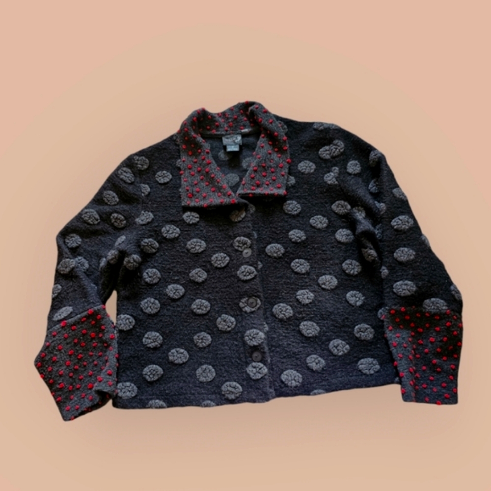 TLB Red and Black Felted Wool Blend Cardigan Sweater Size Medium Vintage